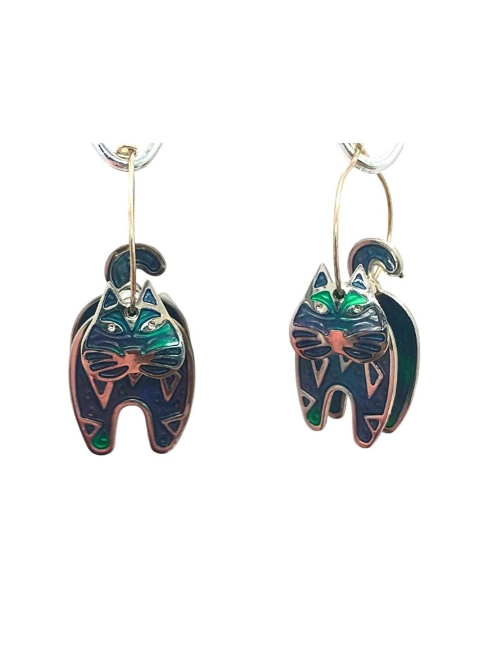 Vintage Edgar Berebi Articulated Cat Hoop Earrings Blue Purple Enamel Dangle - Picture 2 of 6